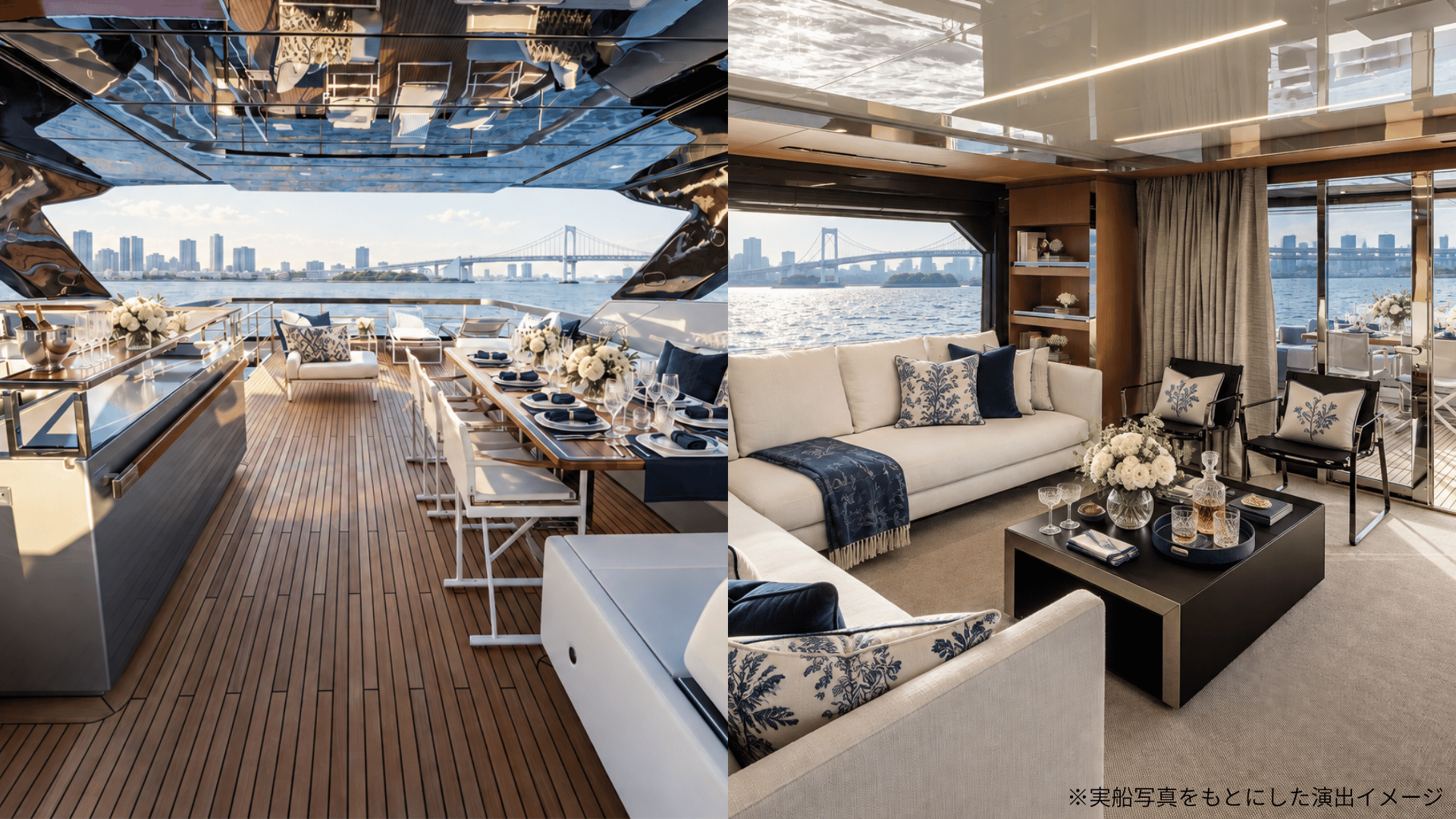 レインボーブリッジを望む高級クルーザー「Riva 100’ Corsaro」の屋外ダイニングと船内ラウンジ。白い花と青白のファブリックで統一したブランドイベント演出イメージ。